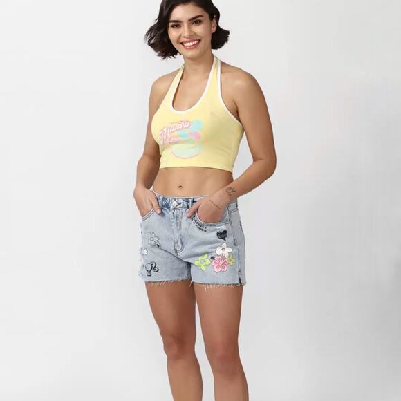 Barbie x Forever 21 Denim Flower Cut Off Jean Shorts Sz 26 - Picture 1 of 16